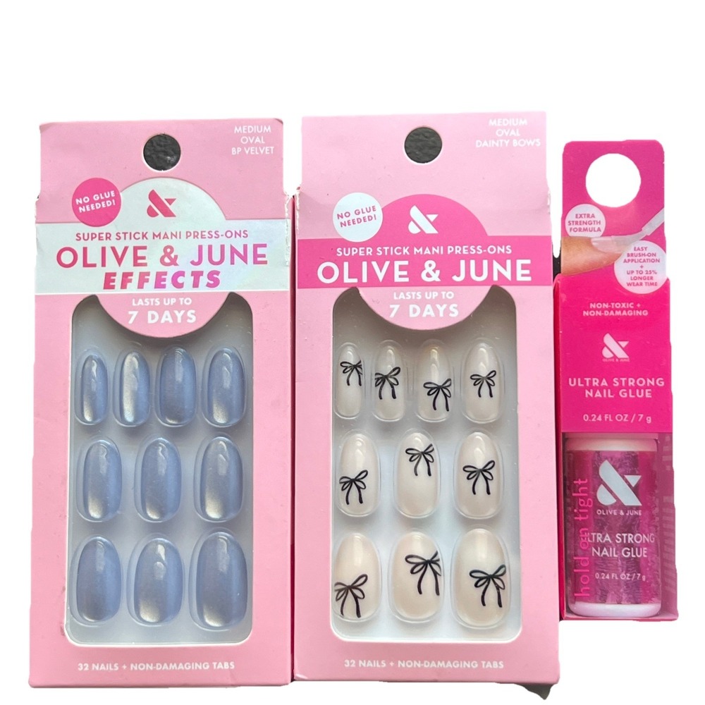 Olive & June Set Of 2 Mani Press On Nails Plus Ultra Strong Nail Glue Bows New